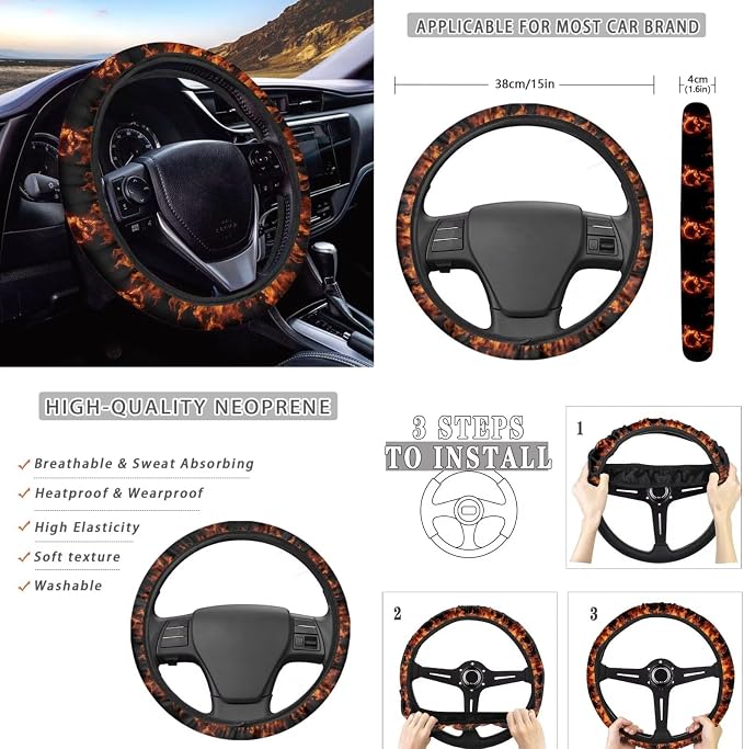 8 Pcs Flame Skull Print Car Interior Accessories, Car Seat Covers, Auto Steering Wheel Cover, Auto Center Console Pad, Seat Belt Pads, Universal Fit Cars SUVs Trucks