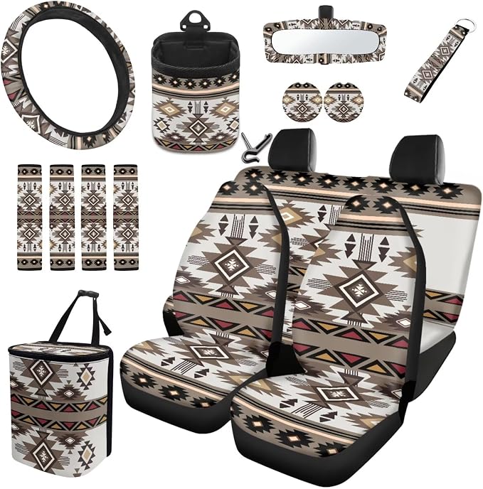 Dreaweet Navajo Seat Covers for Cars Full Set Southwestern Geometric Tribal Steering Wheel Cover Seat Belt Pads Trash Bag Vent Storage Pouch Rear View Mirror Cover Car Coasters Keychain 15 Pcs Set