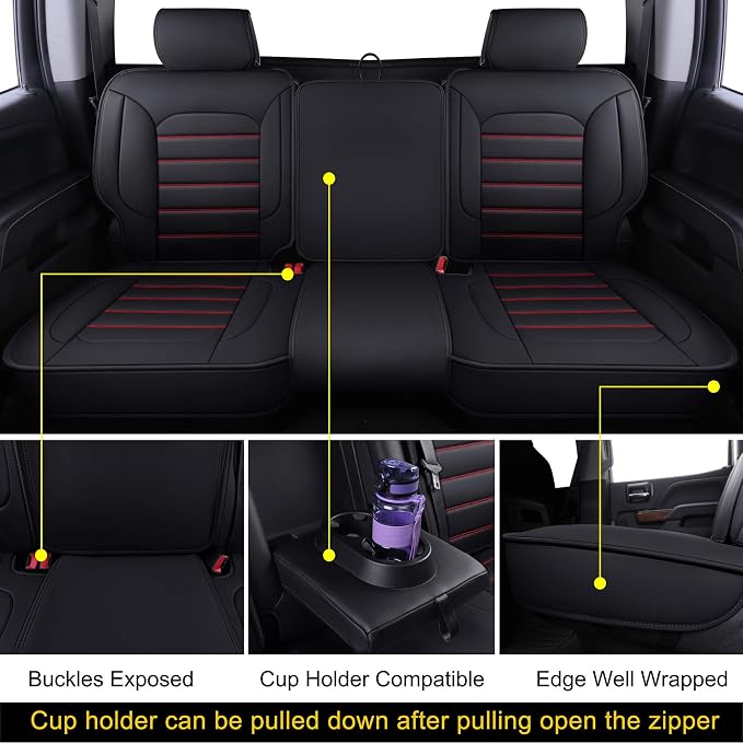 LUCKYMAN CLUB Silverado Seat Covers Fit for 2007-2023 2024 2025 Chevy Sierra Silverado 1500 2500 3500 Crew,Double,Extended Cab with Water Proof Faux Leather (Black & Red Full Set)