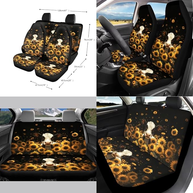 Cow Sunflower Black Print Car Accessories Car Seat Covers Full Set with Steering Wheel Covers+Seat Belt Pads+Coasters+Keychain+Lipstick Holder Universal Fit 13 Pack