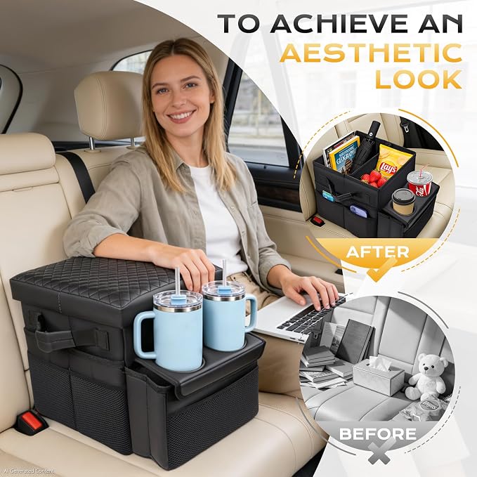 Foldable Bench Seat Center Console, Car Armrest Organizer Box with 2 Large Cup Holders & Massive Storage, Universal Portable Trunk Console Arm Rest for Car/Truck/Van/SUV Rear Organizers Back Seat