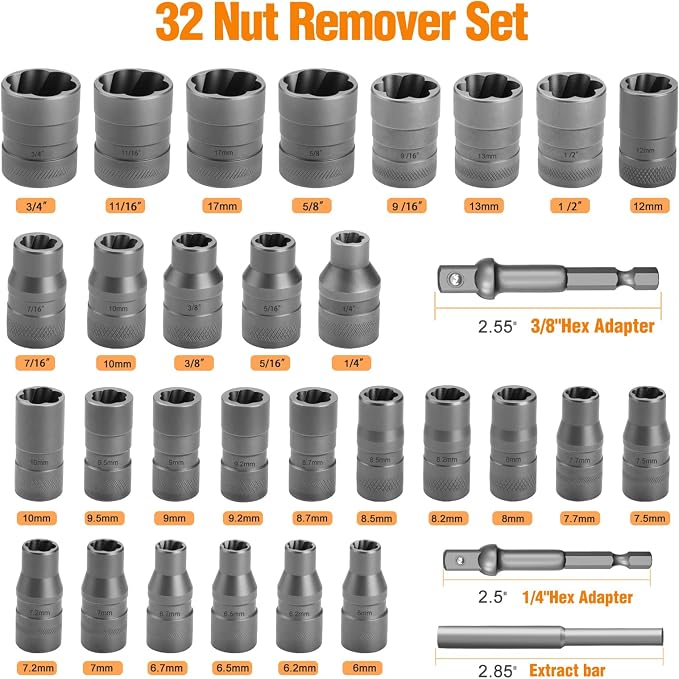 Eapele Bolt Extractor Set, Stripped Nut Remover Twist Sockets, Fit 3/8" Square Drive with Solid Storage Case (32pcs, Black)