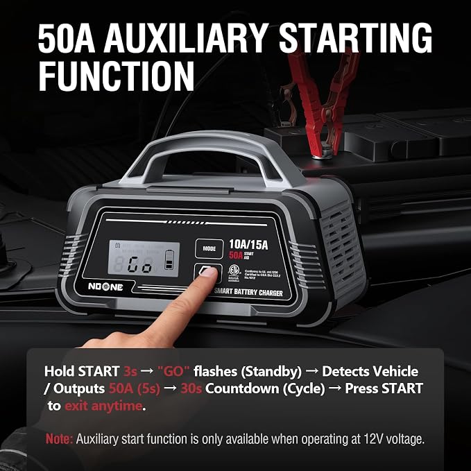NOONE 10A/15A Smart Battery Charger and Maintainer - Fully Automatic 6V/12V Charger with 50A Engine Start, Auto Repair & Desulfation - Compatible with Lead-Acid, AGM, LiFePO4 Batteries