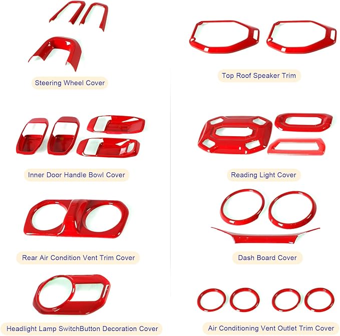 21PCS Full Set Interior Decoration Trim Kit Compatible with Jeep Wrangler JL JLU & Gladiator JT 2018-2021,Steering Wheel,Reading Light,Air Conditioning Vent,Headlight Switch,Speaker Covers(Red)