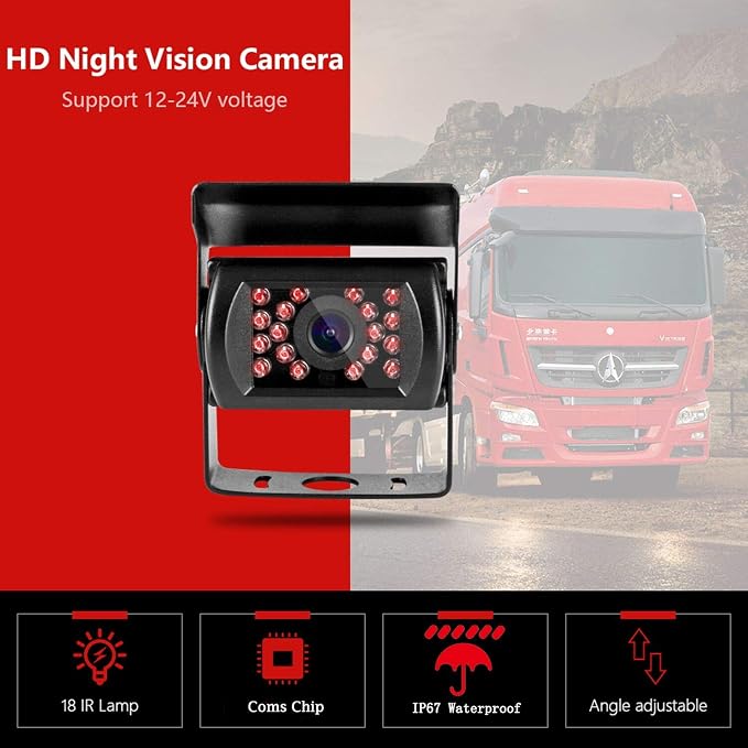 Vehicle Backup Camera 7" TFT Monitor,18 IR Night Vision Rear View Camera Without Gride Line IP 68 Waterproof, 4 Pins Aviation Extension Cable for 33FT Length RVs, Bus, Trailer,Truck