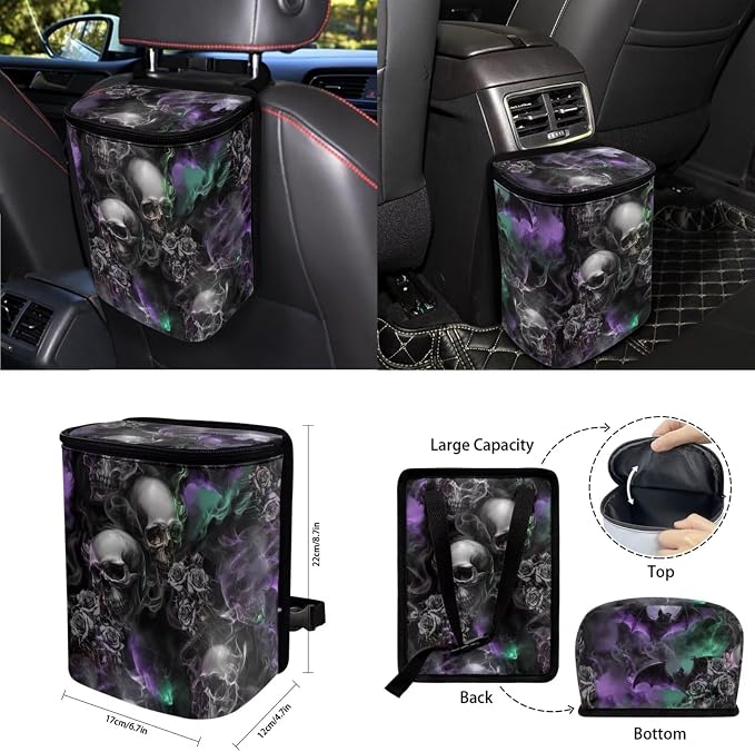 Goth Skull Car Seat Covers Full Set 15 Pcs Universal Car Accessories Steering Wheel Cover Seat Belt Pads Garbage Bag Car Headrest Pillow Covers Armrest Pad