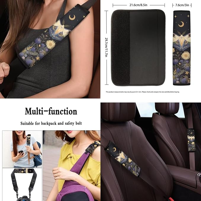 Moon Butterfly Print Car Seat Covers Full Set for Women, Auto Steering Wheel Cover Car Armrest Pad Protectors Auto Seat Belt Pads, Automotive Interior Accessories - 8 Pack