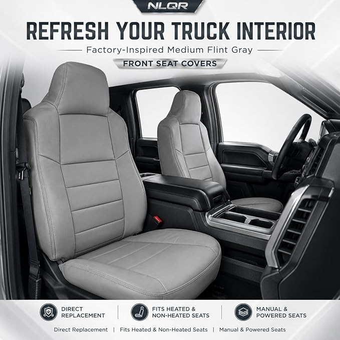 NLQR 4-Piece Front Seat Cover Set fit for Ford F250 F350 F450 F550 Lariat XLT 2002-2007 & Excursion 2002-2005-Driver & Passenger Bottom & Top Lean Back Replacement Microfiber Leather Seat Covers-Gray
