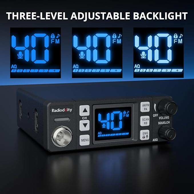 Radioddity CB-606 CB Radio, 40 Channel Mobile CB Radio with AM/FM/PA Modes, 2.2’’ LCD Screen, Instant Channel 9/19, VOX, Roger Beep, TOT, ASQ/SQ, for Off-Road Adventure