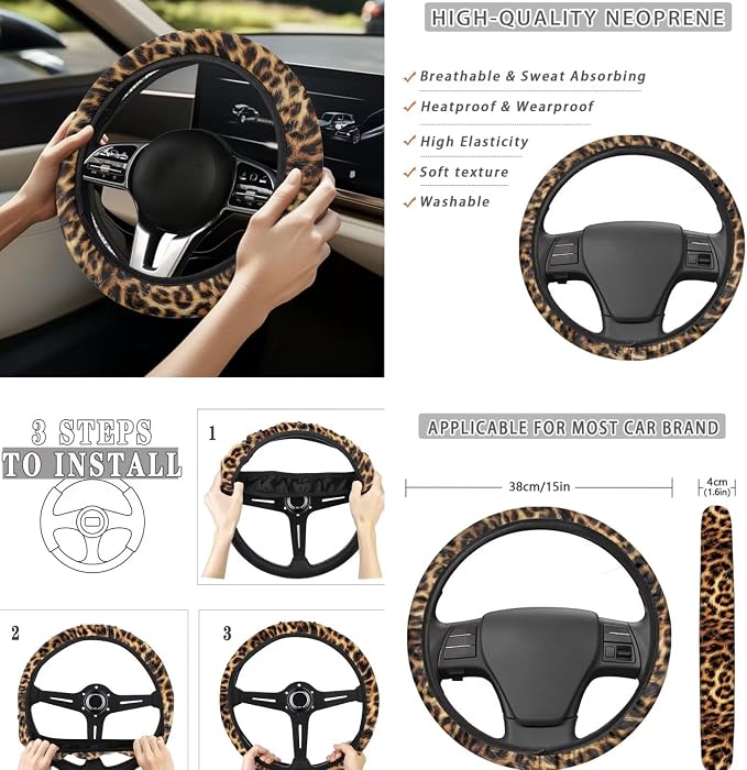 Brown Leopard Print 12 Pack Car Seat Covers Full Set Steering Wheel Cover Car Center Console Cover Protector Cars Seat Belt Covers Hand Brake Cover Universal Fit for Cars SUV