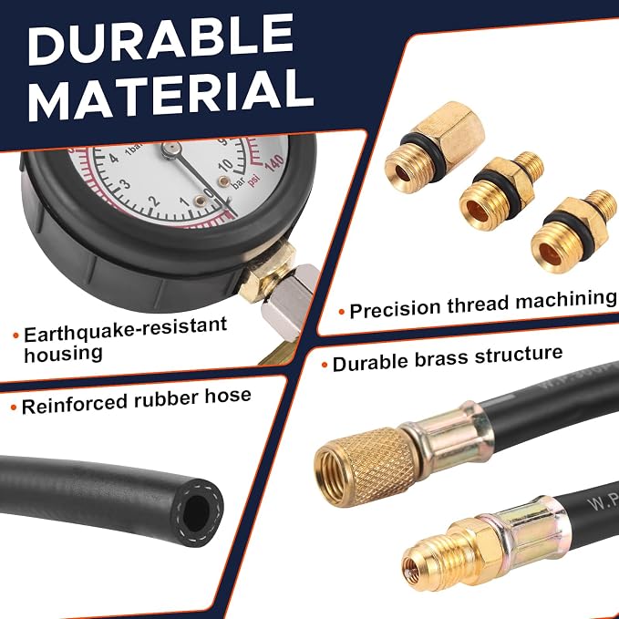 Fuel Pressure Detector kit 0-140 PSI, Universal Fuel Injection Pump Pressure Gauge kit with Quick Release Valve. ((TU-114Black)