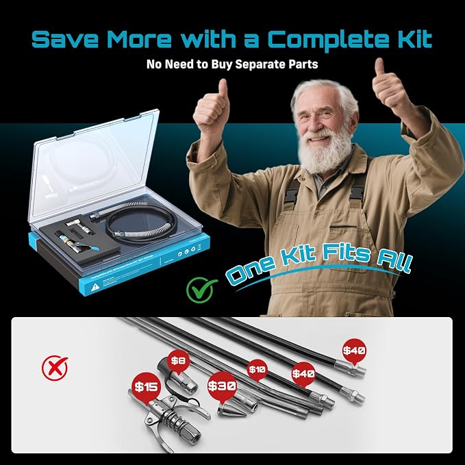 Seesii Grease Gun Accessory Kit Pro, 12000 PSI Quick-Release Coupler, 90 Degree Coupler Adapter, 39.4” Dual-Spring Long Flex Hose, Zerk Fitting Cleaning Tool, Compatible with All Grease Guns, GR05P