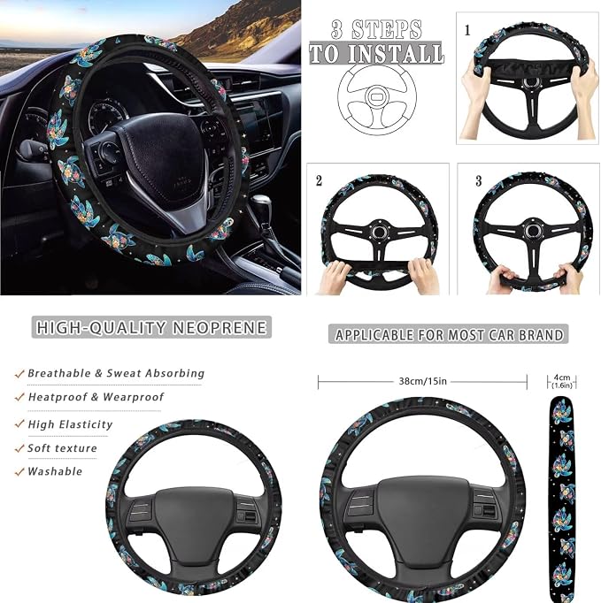 AFPANQZ Turtle Tropical Flowers 11 Pcs Car Seat Cover of Front Rear Full Set Car Accessories Include Hand Brake and Gear Shift Knob Cover, Seat Belt Pads, Steering Wheel Cover for Womens