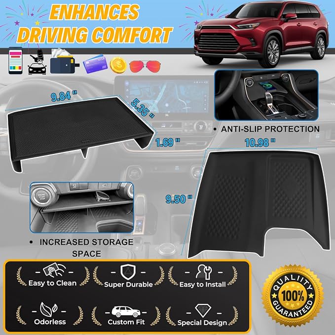 2Pcs Center Console Accessories for Toyota 2026 2025 2024 Grand Highlander Console Organizer Storage & Wireless Charging Anti-Slip Mat Protector Interior
