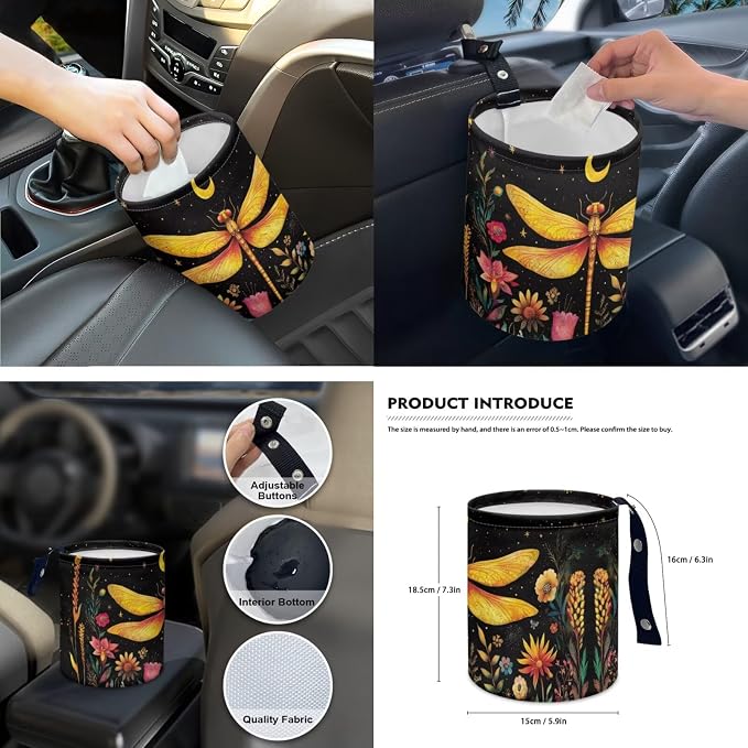Moon Floral Dragonfly 15Pcs Car Seat Cover Full Set Car Steering Wheel Cover Seat Belt Cover Trash Bin Front Rear View Mirror Car Cup Holder Keychain