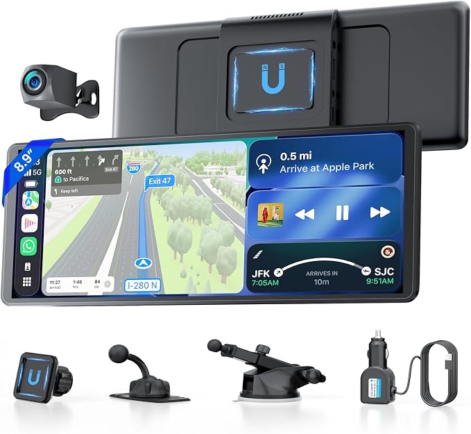 TECXERLLON 8.9" Wireless CarPlay Screen for Car, Portable Apple CarPlay & Android Auto Display with Magnetic Mount, 1080P Backup Camera, Bluetooth 5.0, Plug & Play, Voice Control, Mirror Link