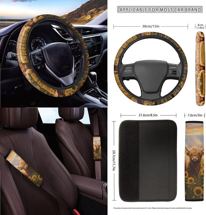 Sunflower Highland Cattle 15 PCS Car Seat Cover Full Set, with Steering Wheel Cover Seat Belt Strap Trash Cans Rear View Mirror Cover Coaster Air Vent Storage Bag Universal Fit