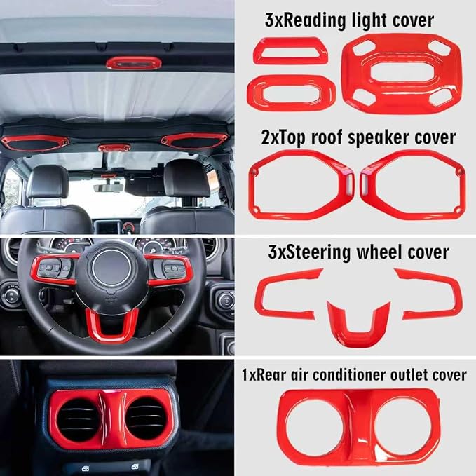 21PCS Interior Decoration Trim Kit for Jeep Wrangler JL JLU Gladiator JT 2018-2023, Steering Wheel Door Handle Dashboard Panel Reading Light Headlight Outlet Vent Trim Covers
