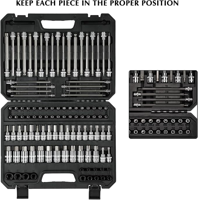 EMENTOL 107PCS Bit Socket Set, 1/4", 3/8" and 1/2" Drive, Hex/Torx/Tamper Proof Torx/E-Trox/Long Ball End Hex, CR-V, S2 Steel, SAE/Metric