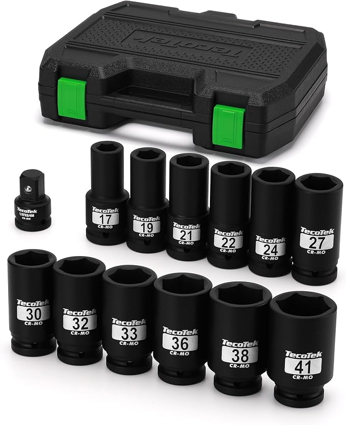 TecoTek 3/4" Drive Deep 6-Point Impact Socket Set, 13-Piece Jumbo Assortment, Cr-Mo, Metric (17mm to 41mm), 1/2" F to 3/4" M Impact Socket Adapter, for Large Vehicle and Apparatus Maintenance