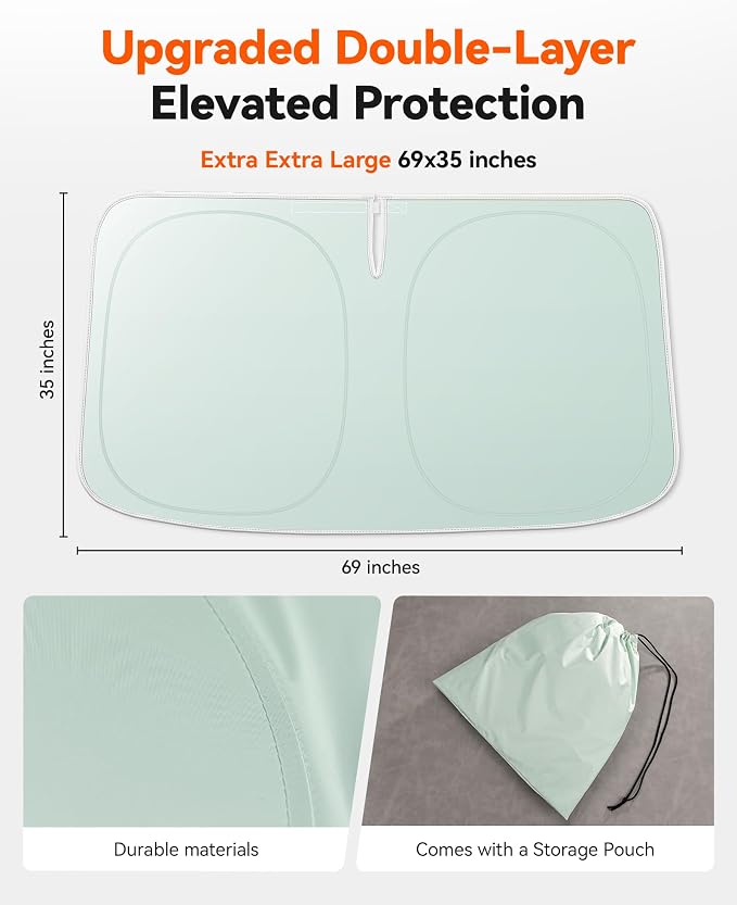WOLFBOX Foldable Car Windshield Sun Shade, Maximum UV & Heat Shield Front Window Sunshade Visor Protector Universal Fit for SUVs Trucks Sedans (69''x35'')