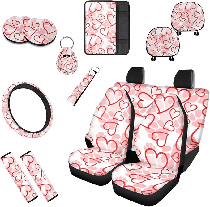 13 Pack Love Heart Dog Paw Car Seat Covers, Heart Shape Cat Paws Steering Wheel Cover Seat Belt Pads, Kitten Puppy Footprint Auto Front and Rear Bench Seat Protector