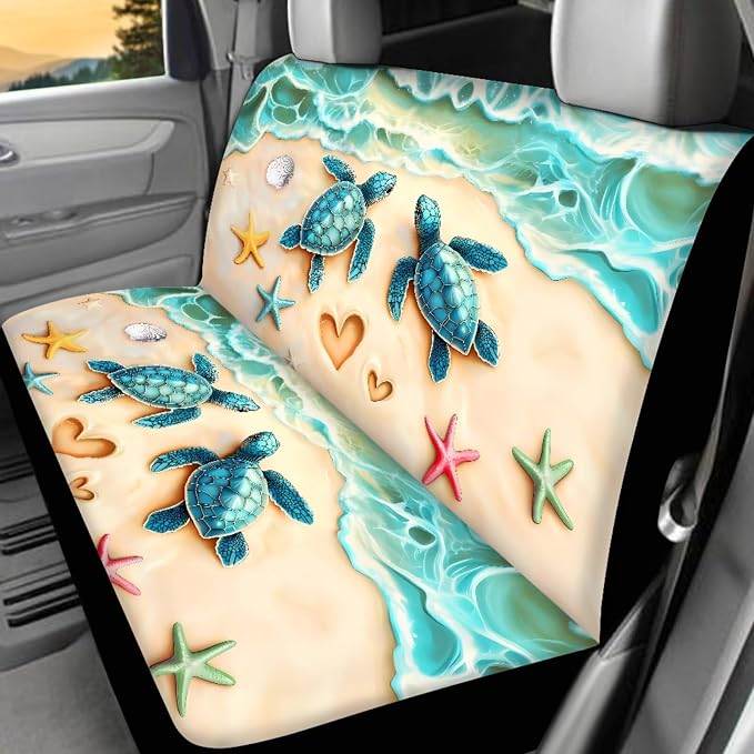 Sea Turtle Car Cover Seat Full Sets of 17 Pcs Green Sea Turtle Car Accessories Set with Steering Wherl Cover Seat Belt Cover Pad Car Mats Full Set Animal Vehicle Seat Covers Accessories