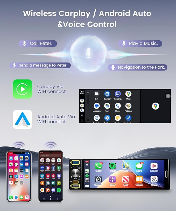 6.5 inch Single Din Car Radio Wireless Carplay Android Auto Car Stereo, 1 Din Radio Incell Touch Screen Stereo Bluetooth 5.2, Mirror Link, FM AM RDS SWC EQ USB Type-C Fast Charging, Backup Camera