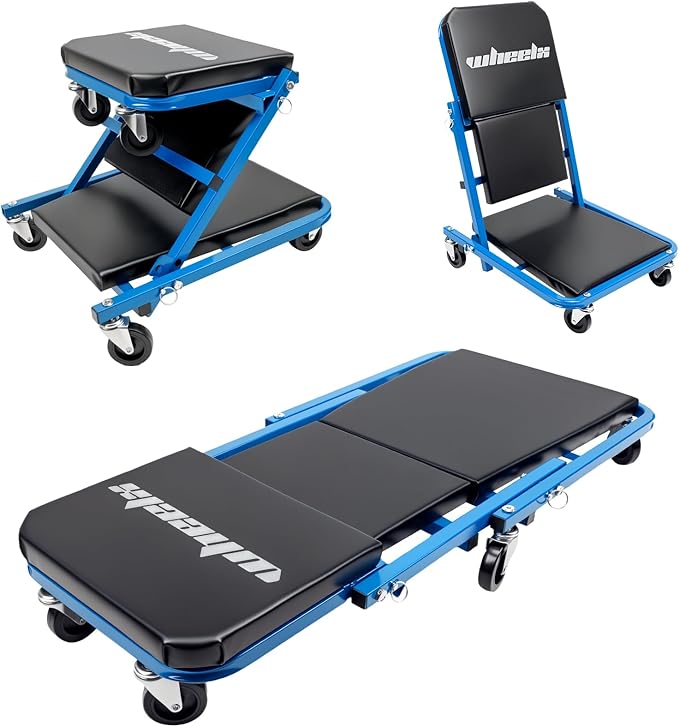 Mechanic Creeper 36 inches 3-in-1 Mode Z Seat 340lbs Capacity, Foldable Garage Adjustable Rolling Folding with 6pcs Wheels Roller, Lay Down Sit Lean Back, Under Car Auto Repair, Blue, Man Gift