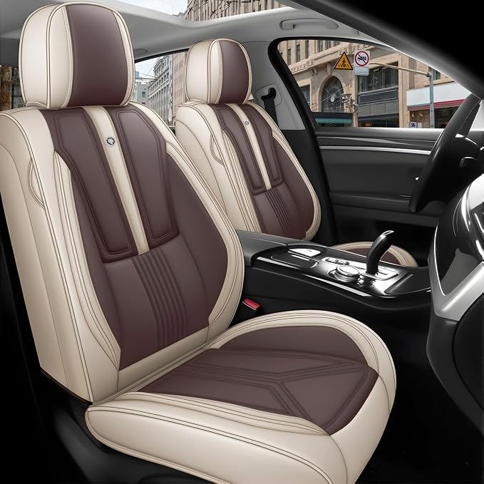 Arazi Fit for 98% of Mazda Seat Covers, 360° Full Wrap Original Seat Cover, Waterproof Nappa Leather Seat Covers with Big Space Storage Pocket Seat Protector（2 Seats Standard, Beige&Brown）
