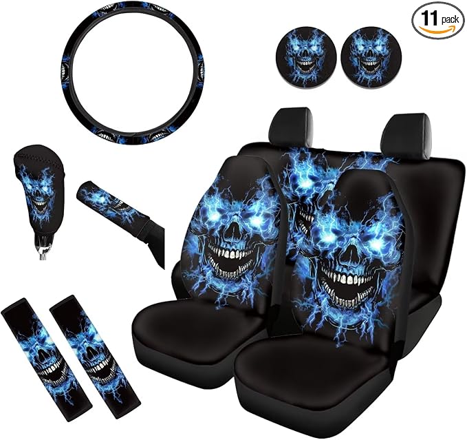 Skull Car Seat Covers Full Set with Steering Wheel Cover+Coasters+Seatbelt Pad Cover+Gear Lever Cover+Hand Brake Cover Universal Fit Most Vehicles Auto Accessories, 11Pcs