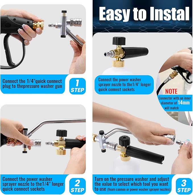 Foam Cannon Dual Connector Accessory/Foam Cannon Dual Tech, Dual Connector Foam Cannon for Pressure Washer. 1/4" Quick Connect, M22, 4000 PSI, 1.5L Tank + 7 Nozzles - Car, Home & Outdoor Cleaning