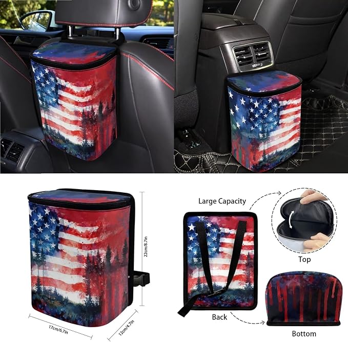 Car Seat Covers 15Pcs Full Set Car Steering Wheel Cover Seat Belt Cover Trash Bin Air Vent Storage Box Rear View Mirror Car Cup Holder Keychain, Vintage American Patriotic Flag