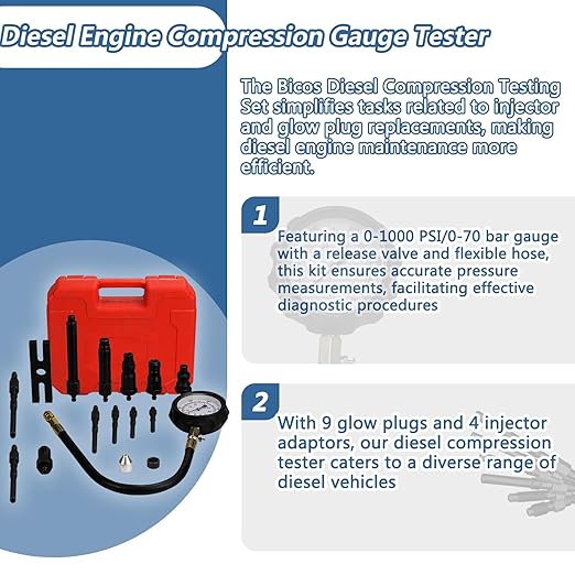 Diesel Engine Compression Tester Kit with 0-1000 psi Gauge and Adapters Cylinder Pressure Test Tool Kit Diesel Injector Tester Check Cylinders in Diesel Car & Truck