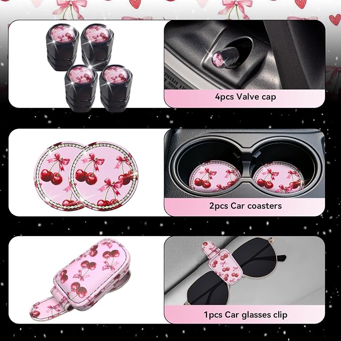 23 Pcs Leopard Print Car Accessories,Including License Plate Frame,Rearview Mirror Decoration,Etc,Suitable for Sedan,SUV and Other,Cute Car Interior Set for Women (Pink Cherry)