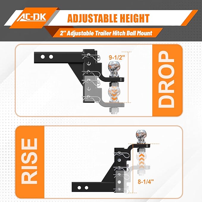 Adjustable Trailer Hitch for 2 inch Receiver,9-1/2" Drop & 8-1/4" Rise,Tow Hitch with 2 inch Ball,7500 LBS GTW/750 LBS TW, Includes 2 Pin&Clips and 5/8" Pin Lock
