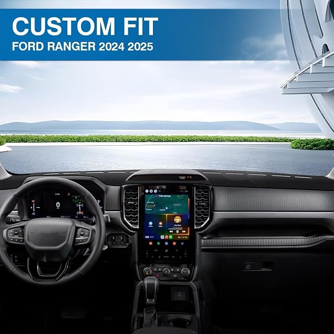 KUST Black Dash Cover for Ford Ranger 2024 2025 2026 (XLz, XLT, Lariat) Polyester Dashboard Cover Non-Slip Interior Accessories for Ranger Custom Fit Dash Mat Sunshade Windshield No Glare