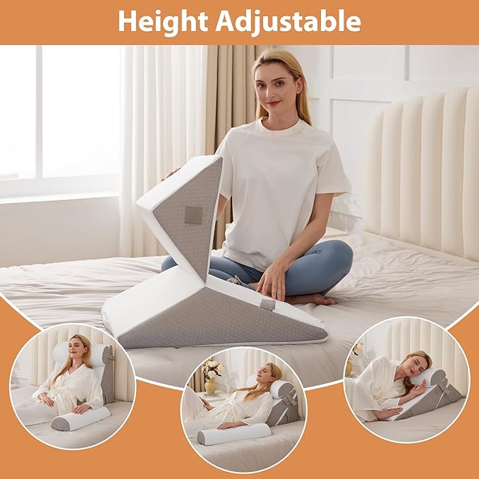 BIEEZZK 4PCS Wedge Pillow Set for After Surgery, Back Pillow for Bed Sitting up, 9&12inch Adjustable Memory Foam Bed Wedges, Pillow Wedge for Acid Reflux, Back Pain Relief, Snoring, White/Grey