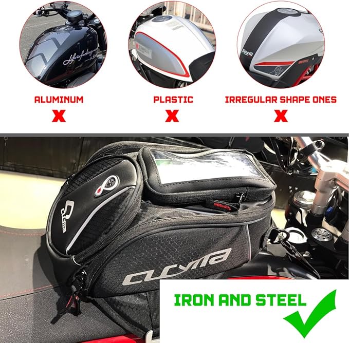 Motorcycle Tank Bag, Magnetic Motorcycle Tank Bag with Detachable Clear Phone Pouch and Rain Cover, Gas Tank Bag for Street and Touring Bikes, Black