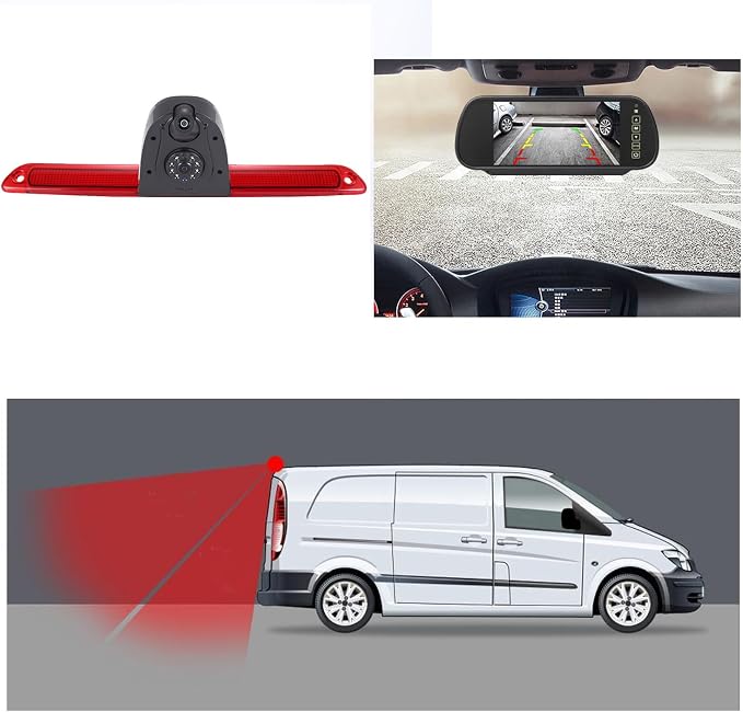 Top Mount Brake Light Reverse Backup Camera Double Rear View Camera Two Lens Camera+7 inch Screen Mirror for Mercedes Benz Sprinter W906/VW Crafter Caravelle 2007-2015