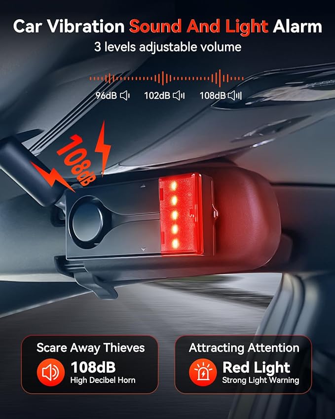 Car Anti-Theft Vibration Alarm, ELECTOP 108dB Automobile Vibration Sound & Light Alert, Wireless Remote Car Alert Automotive Warning Interior Safety Light with 2pcs Alarm