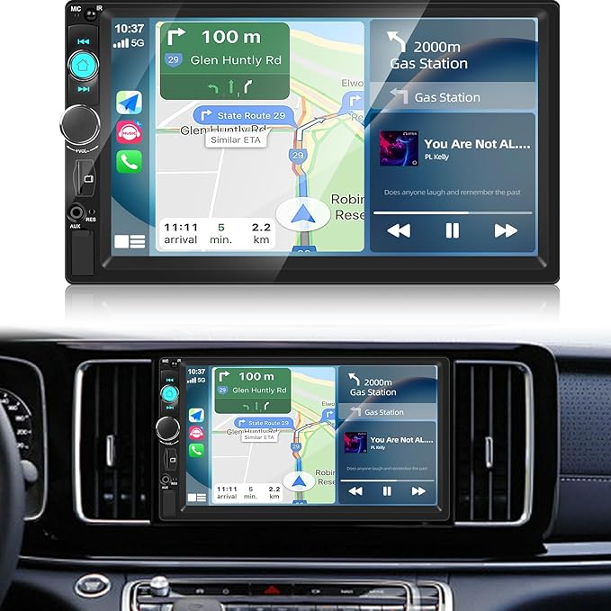 NHOPEEW 7 inch Double Din Car Stereo with Backup Camera, 2 Din Touch Screen Radio with Carplay & Android Auto, Bluetooth 5.0, Share Same Video, Calendar Viewing, Mirror Link, SWC + Rear View Camera