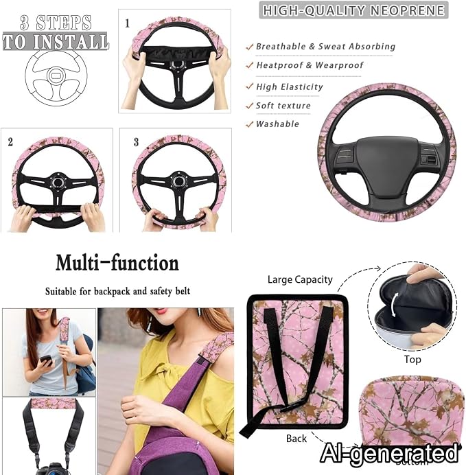 Dreaweet Pink Car Seat Covers Full Set Branch Camo Steering Wheel Cover Seat Belt Pads Trash Bag Air Vent Storage Pouch Rear rview Mirror Cover Coaster Keychain,15 Pcs,Universal Fit