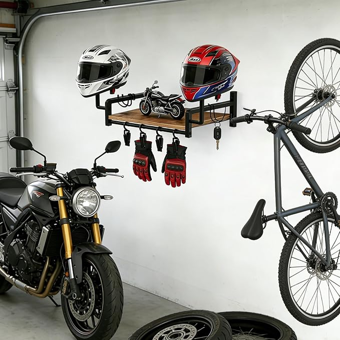 Helmet Rack Wall Mount,Solid Wood Motorcycle Helmet Rack with 4 Hooks & 4 Clips,Universal Wall Mount for Helmets, Gear, Clothes,Motorcycle Accessories