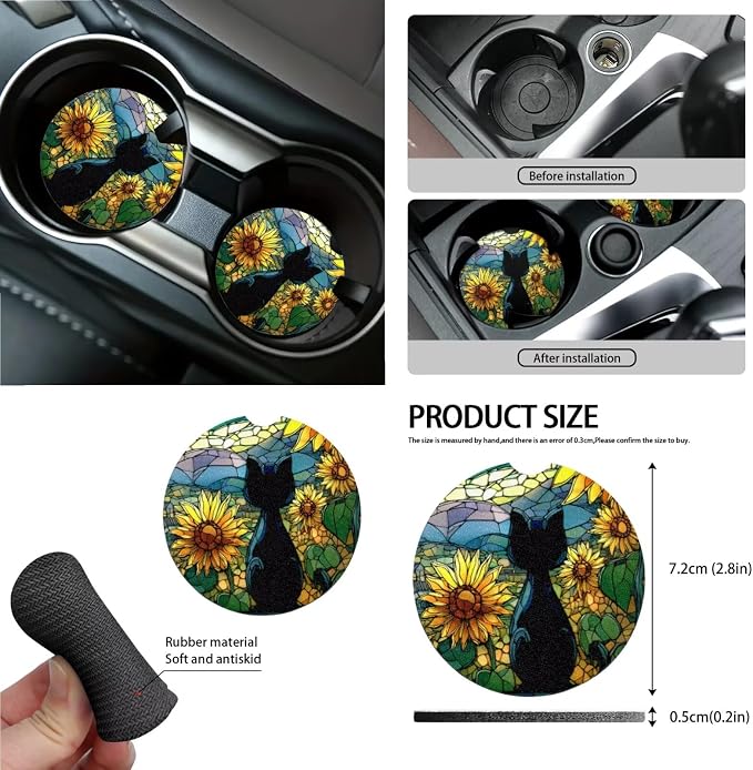 Black Cat Print Car Seat Covers Front and Back Full Set Sunflower Print High Back Bucket Seat Covers with Steering Wheel Cover Rearview Mirror Cover Safety Belt Pads Trash Can