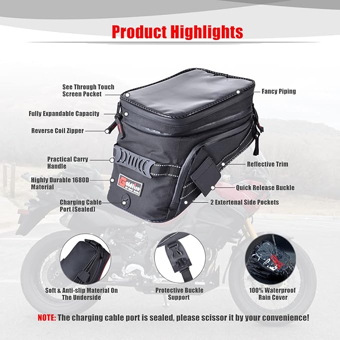 Goldfire Motorcycle Tank Bag Expandable ADV Gas Oil Fuel Tank Saddle Bag with Strong Strap Mount Water Resistant Motorcycle Storage Bag(Black)