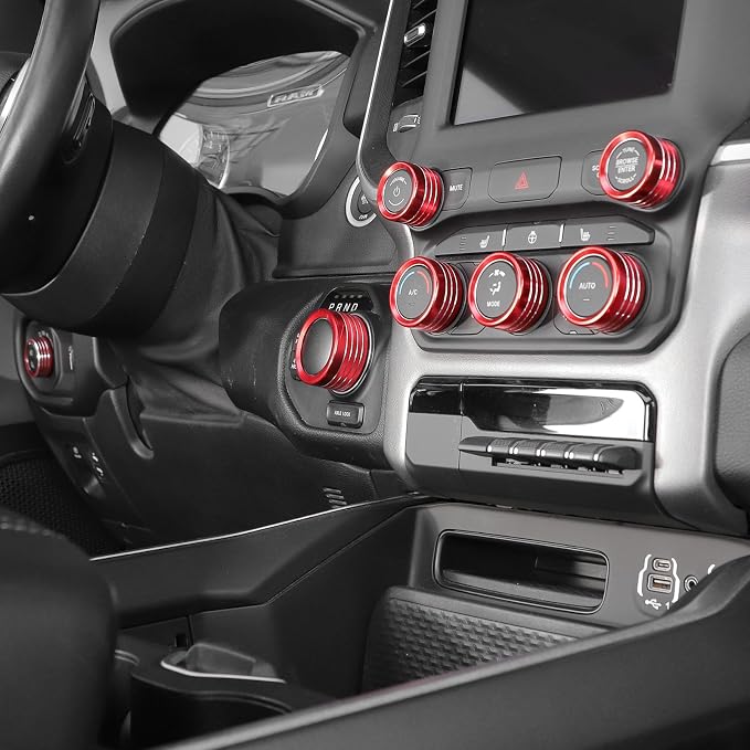 Jimen for Ram Center Console Knob Covers, 7PCS AC Air Conditioner Audio Volume Button & Headlight Switch & 4WD Shifter Knob Ring Trim Fit for Dodge Ram 2018-2025 (Red)