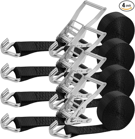 2 Inch Ratchet Straps Heavy Duty -20ft Tie Down Straps with J Hooks - 10,000lb Break Strength Ratchet Tie Down Strap - Black Heavy Duty Ratchet Straps - Cargo Straps for Truck, Lawn Equipment, 4 Pack
