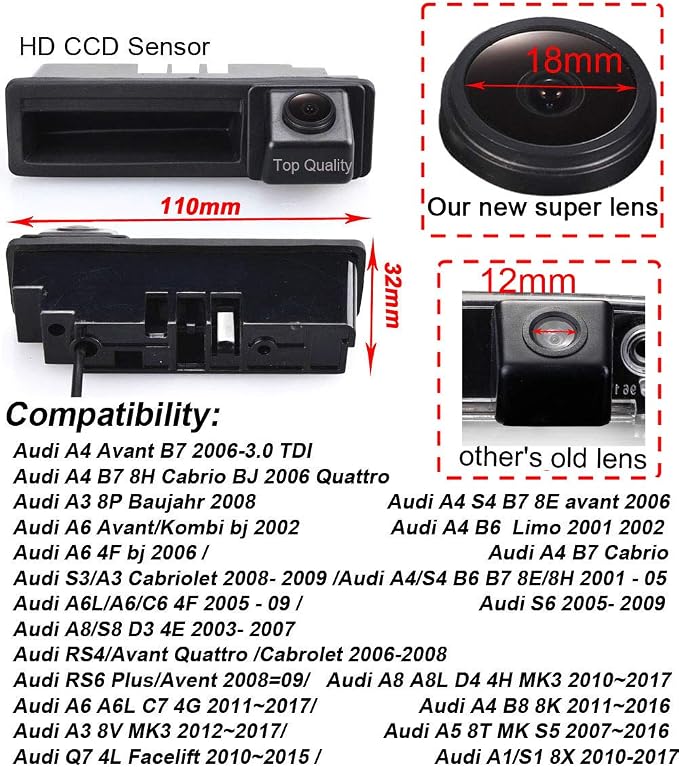 Super Starlight pro HD Car Reversing System Parking Assistance -Trunk Handle Reversing Camera, for Audi A4 S4 A6 A6L C6 Avant B7 8E 8H Cabrio 4F BJ Quattro A3 8P Baujahr Limo S3 Cabriolet S6 S8 D3 4E