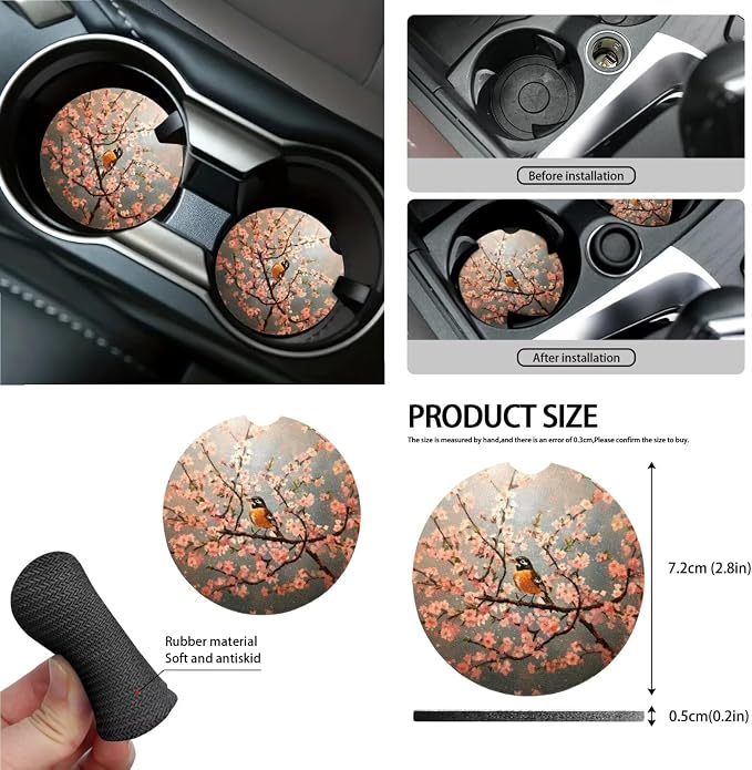 Robin Bird Cherry Blossom Pattern Car Seat Covers Full Set Steering Wheel Cover Seatbelt Covers Keychain Coasters Trash Bin Air Outlet Pocket Rearview Cover, 15pcs Car Interior